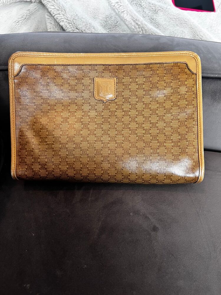 Celine Triomphe Monogram Clutch Bag Brown Vintage Women's Handbag - Picture 5 of 10